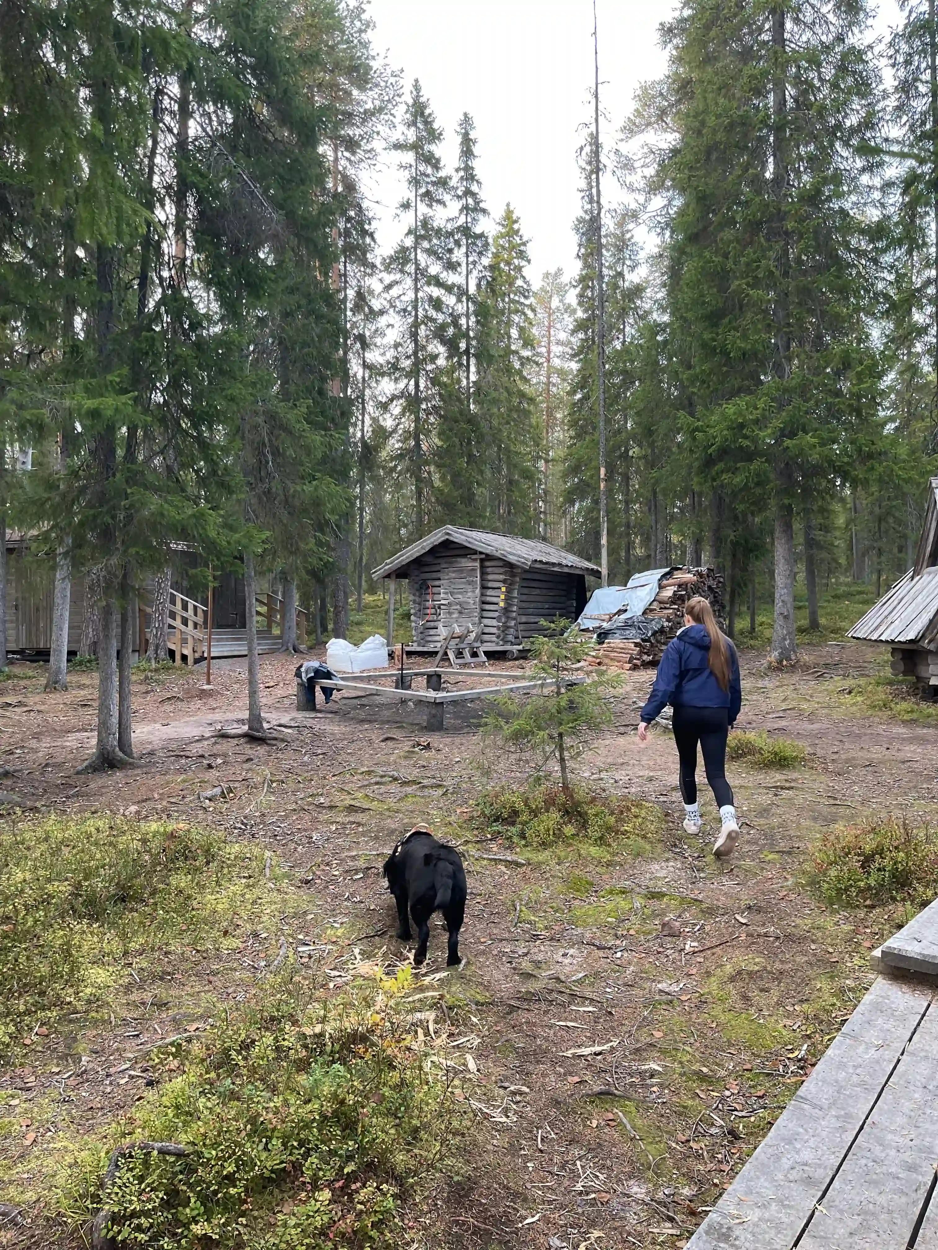 A girl and a dog walking to open fire place