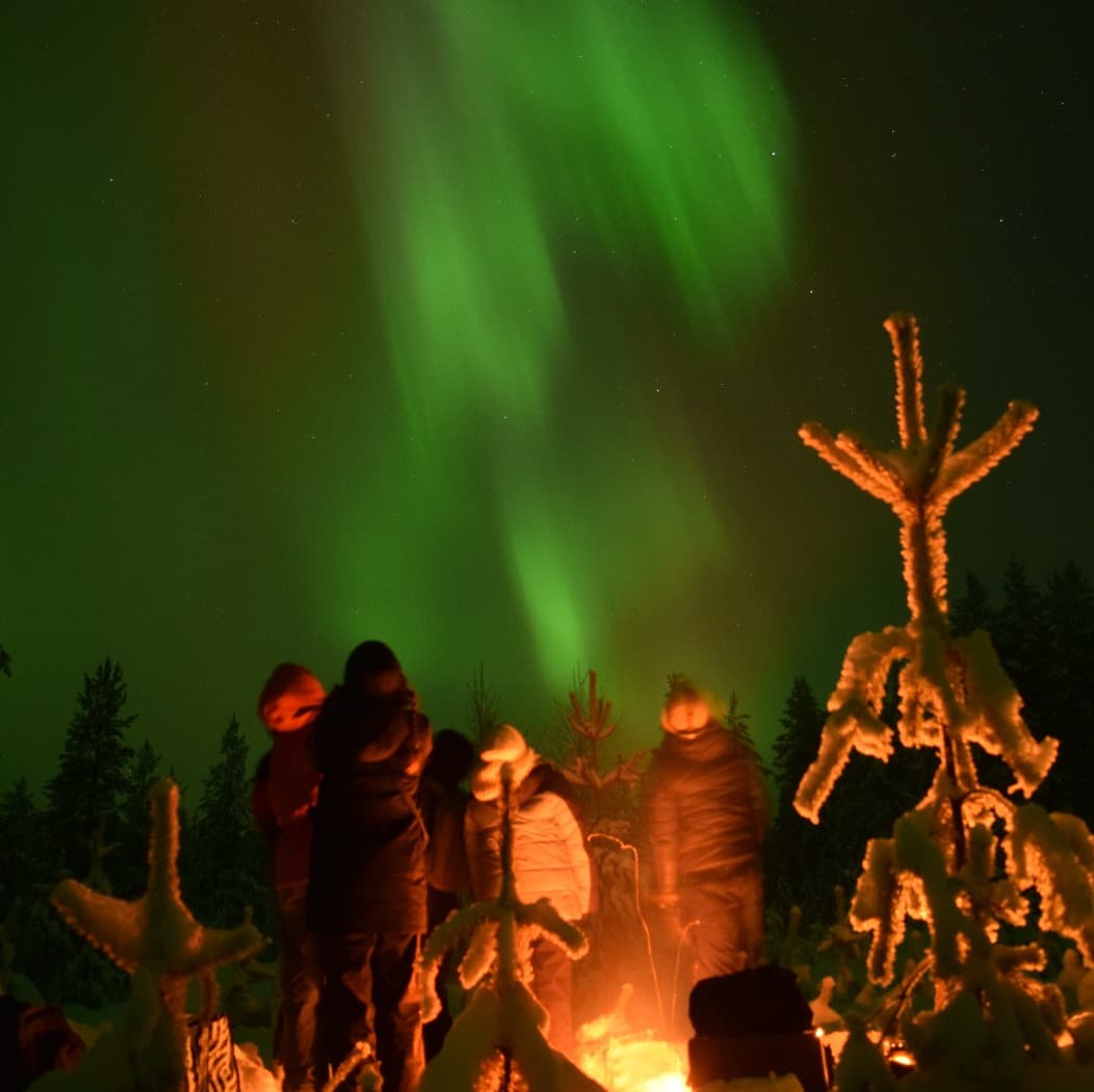 A group of friends under the northern lights